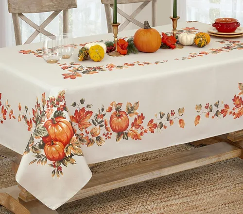 Miniatura 5 de Lintex Mantel de tela de cosecha de otoño de Thanksgiving Traditions, cuadrado de 52 x 52 pulgadas, parche de calabaza y borde de hojas de otoño