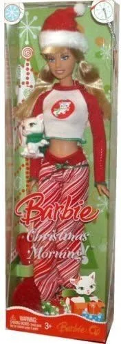 Barbie - Muñeca de Navidad con sombrero de Papá Noel, pijamas, zapatillas de piel, cepillo para el pelo y gato mascota por Barbie