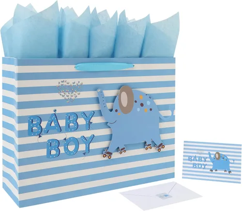 Set de bolsa de regalo extra grande de 16.5” para bebé niño con asas, tarjeta de felicitación, papeles de seda azules y pegatinas para niños para