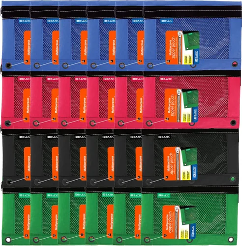 BAZIC Products Estuche para lápices de 3 anillos con agujeros de anillos reforzados con remaches, bolsas de malla de colores surtidos con cremallera