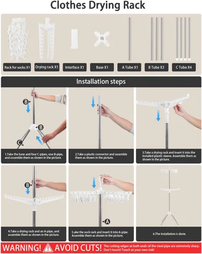 Miniatura 7 de Tendedero plegable para ropa – Estante de secado de ropa de 2 niveles, perchero portátil con barra giratoria para ropa con 24 clips y 3 brazos