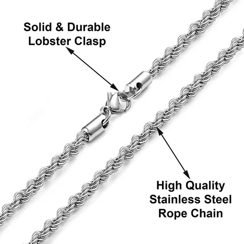 Miniatura 2 de Savlano Cadena de collar de cuerda de acero inoxidable de 0.079 a 0.18 pulgadas para hombres y mujeres, viene en caja de regalo de 16 a 30 pulgadas