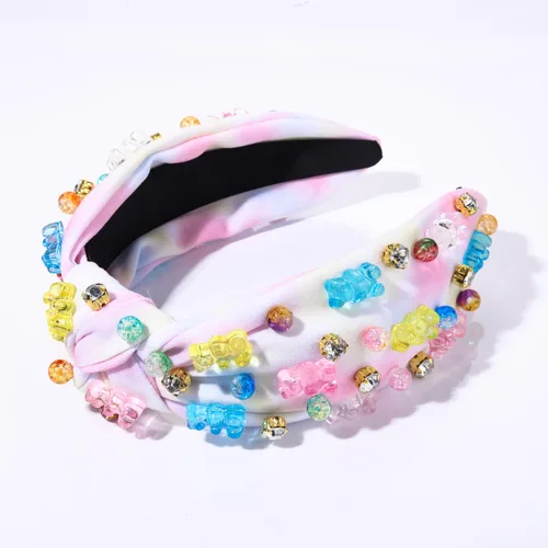 Miniatura 2 de ZITULRY Diadema anudada para mujer, de cristal, osito de gomita, adornado con nudo superior, diadema de moda con turbante ancho, regalos divertidos