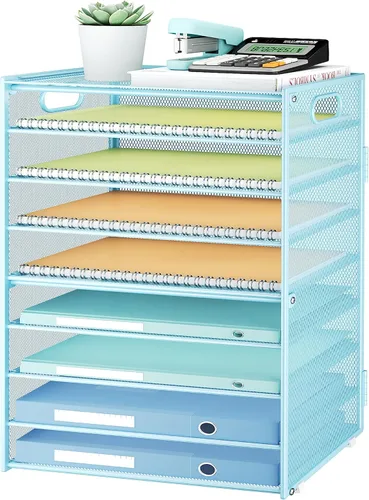 Miniatura 13 de SUBEKYU Organizador de papel de 9 niveles para escritorio, bandeja de cartas de malla de metal negro, organizador clasificador de papel de archivo
