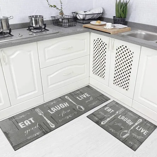 Miniatura 12 de Carvapet Juego de 2 alfombras de cocina con respaldo antideslizante, tapete para cocina, corredor de entrada, diseño de lema, negruzco/gris oscuro
