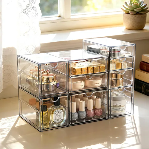 Miniatura 2 de Prsildan Organizador de maquillaje de acrílico con 9 cajones, juego de 3 organizadores de escritorio de oficina, cajones de almacenamiento apilables