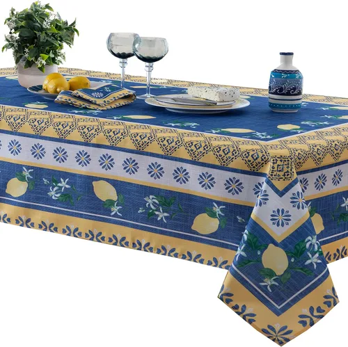 Miniatura 4 de Home Bargains Plus Mantel rectangular de tela, 52 x 70 pulgadas, jardín de limón azul, para interiores y exteriores, resistente a las manchas y al