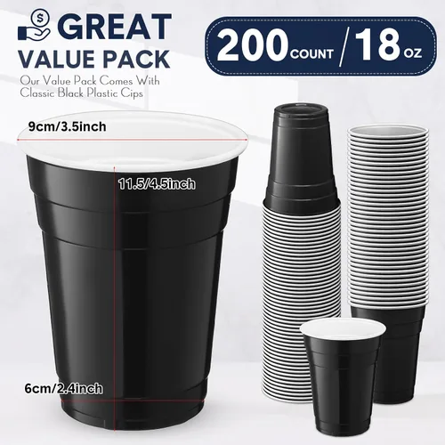 Miniatura 2 de Zopeal 200 vasos desechables de plástico de 18 onzas para beber, bebidas frías, resistentes, para fiestas, cumpleaños, graduación, Halloween, Negro
