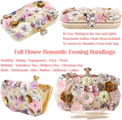 Miniatura 2 de BBTT.ful Bolso de mano para mujer con diseño de flores, con correa de cadena y bandolera (champán), Champán