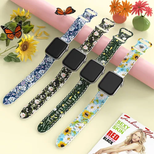 Miniatura 6 de Correa de encaje floral compatible con Apple Watch de 40mm 44mm 46mm 41mm 45mm 38mm 42mm 49mm, mujeres, correa deportiva de repuesto de silicona E