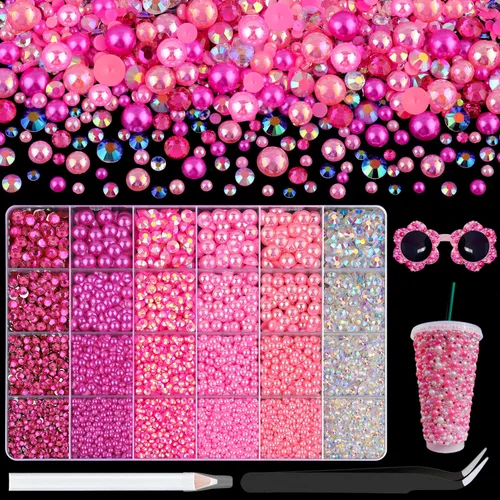 Miniatura 12 de 100g de cuentas de perlas planas y diamantes de imitación, 1-Rosa y blanco, tamaño mixto de 3-10mm, resina, diamantes de imitación y medias perlas