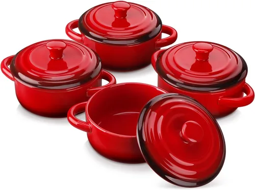 LOVECASA Set Mini Cocotte, platos pequeños de cacerola de 12 oz con tapas, tazones de sopa con asas, ramequines de horneado individuales, aptos para