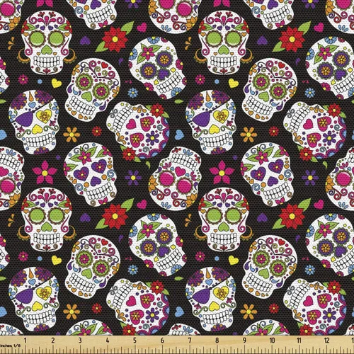 Miniatura 63 de Ambesonne The Yard, tela de calavera colorida con temática de Halloween, diseño de calavera y huesos cruzados, divertido estampado de dibujos