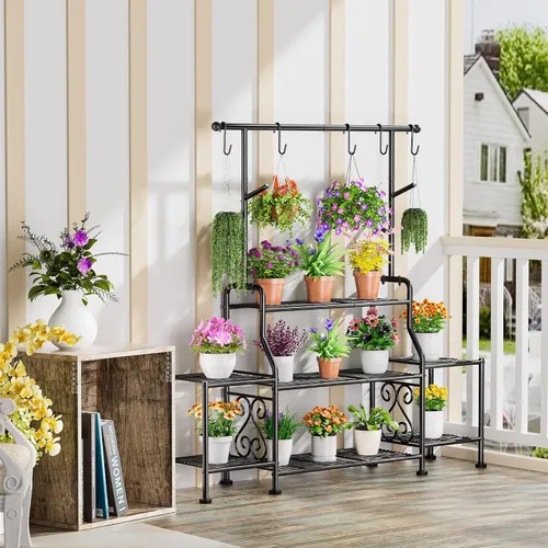 Miniatura 6 de GIOTORENT Soporte alto de metal para plantas de 3 niveles para interiores y exteriores, estante resistente para plantas para jardín, patio, balcón