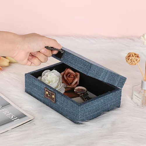 Miniatura 7 de Hipiwe Joyero de cofre del tesoro, caja decorativa de madera con cierre, caja de recuerdos cubierta de lino, caja de recuerdos rectangular