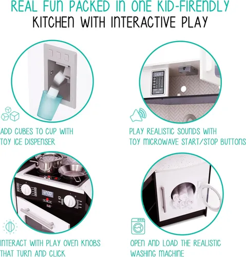 Miniatura 4 de Lil' Jumbl Juego de cocina de esquina para niños, cocina de lujo de madera de simulación, máquina de hielo a pilas, estufa y grifo con sonido Negro