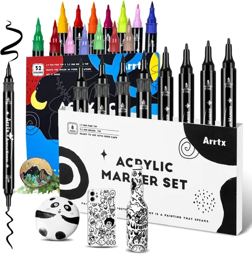 Paquete de bolígrafos de pintura acrílica Arrtx (40 unidades), incluye 32 colores (punta doble) marcadores de pintura para pintura de rocas,