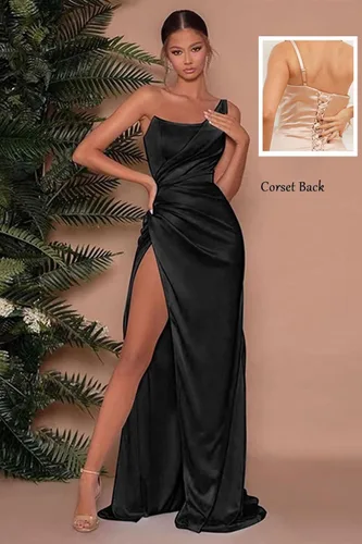 Miniatura 2 de Vestido de dama de honor de satén de un hombro para mujeres, adolescentes, vestidos largos de graduación con abertura, vestidos de fiesta formales