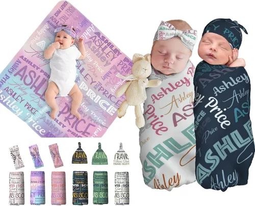 Miniatura 15 de Juego de manta personalizada para bebé con diadema acogedora y sombrero para niñas y niños recién nacidos, manta personalizada con nombre de bebé