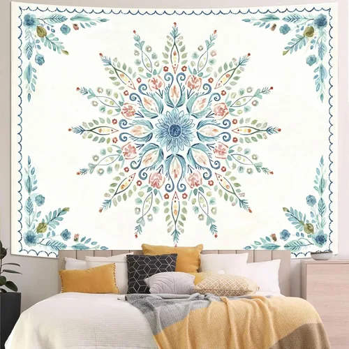 Miniatura 38 de Accnicc Tapiz bohemio con mandala floral para dormitorio, tapiz de pared con flores bohemias, pequeño, acuarela, azul, blanco, hippie, indio