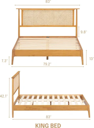 NTC Marco de Cama de Madera Ruby con Cabecero y Ratán Natural, Base de Madera Sólida de Roble/Caucho con Listones Silenciosos, Capacidad de 1000