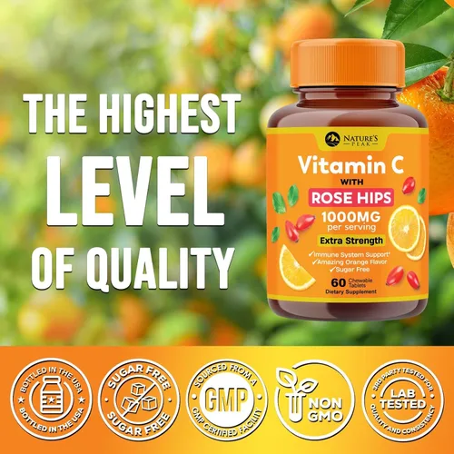 Miniatura 4 de Vitamina C 1000 mg por porción – Apoyo inmunológico diario extra fuerte con suplemento masticable de escaramujos – Sabor sabroso sin azúcar