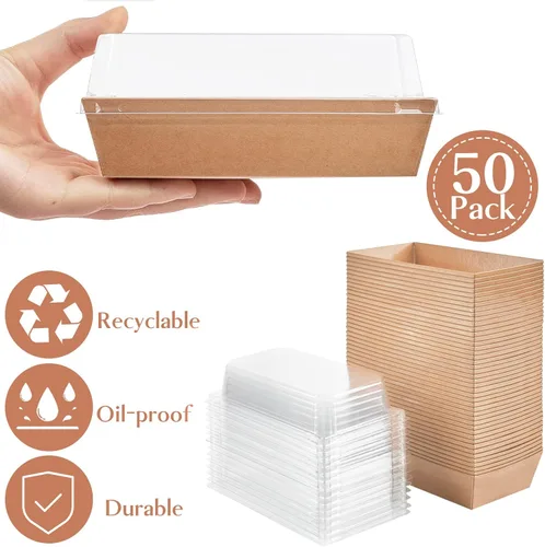 Miniatura 7 de Ocmoiy Cajas de embutidos de papel con tapas transparentes, paquete de 50 envases desechables para sándwiches, pequeñas cajas de panadería kraft