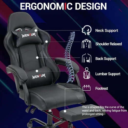 Miniatura 4 de Silla de juegos con reposapiés para adultos, silla de videojuegos de carreras de piel sintética con soporte lumbar, para hombres y mujeres, silla