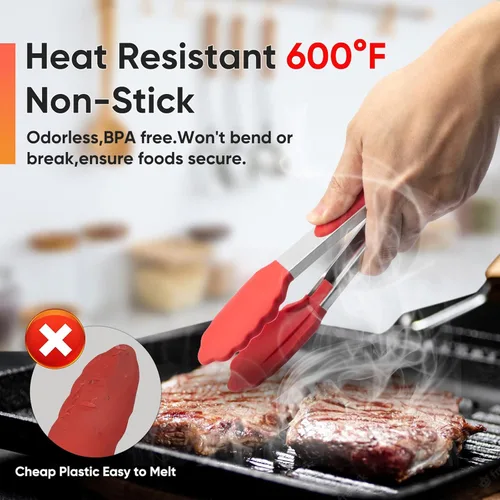 Miniatura 4 de Pinzas pequeñas de silicona para cocinar, 3 pinzas de 7 pulgadas para servir, 600 °F, resistentes al calor, antiadherentes, de acero inoxidable