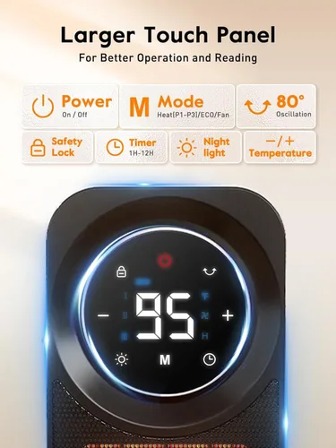 Miniatura 6 de Givebest Calentadores de espacio con panel táctil para uso en interiores, calentador eléctrico de calentamiento rápido de 1500 W con control remoto