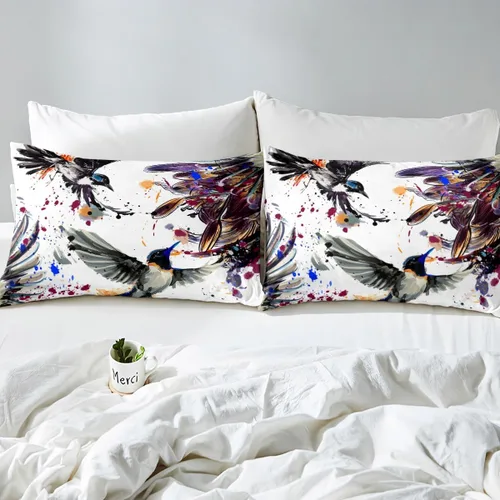 Miniatura 4 de Erosebridal Juego de sábanas de colibrí, tamaño individual, arte con flores de lirio, pájaros y salpicaduras de color en acuarela, juego de ropa