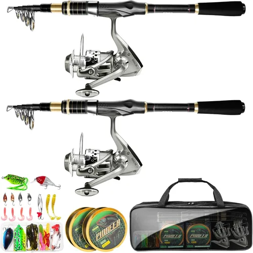 Telescopic Fishing Rod Combo - 2PCS 6.9 7.89FT Collapsible Carbon Fiber Pole Set, Spinning Reel Lures Lines Kits with Carrier Bag for Travel