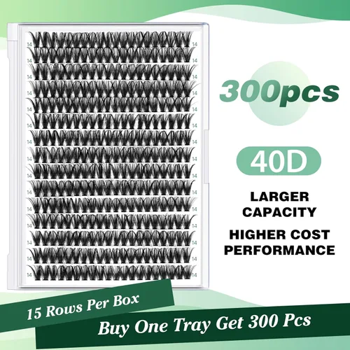 Miniatura 120 de Extensiones de racimos de pestañas 300 piezas, pestañas individuales 40D 0.07D rizado 11mm, para colocar en casa, bandeja grande de volumen