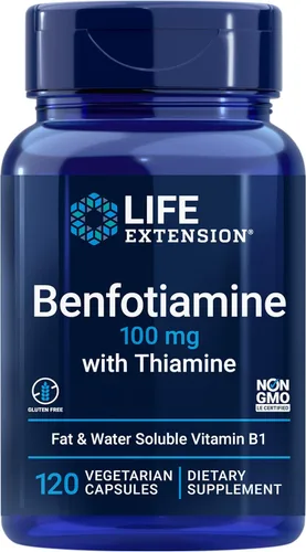 Life Extension Benfotiamina con tiamina, apoyo saludable para el metabolismo del azúcar en sangre, 100 mg de benfotiamina, salud cardiovascular,