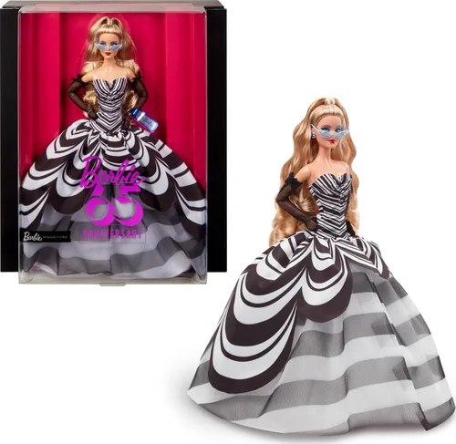 Barbie Muñeca exclusiva, 65 aniversario coleccionable con cabello rubio, vestido blanco y negro, aretes de gemas de zafiro y gafas de sol