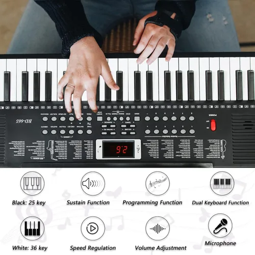 Miniatura 5 de Piano de teclado de 61 teclas para principiantes con teclas iluminadas y modos de enseñanza profesional, incluye soporte, banco, micrófono, soporte