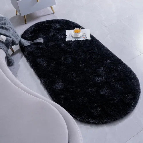 Miniatura 3 de Goideal - Alfombra esponjosa de dormitorio, alfombra pequeña ovalada, alfombra negra peluda para mesita de noche, ideal para habitación infantil