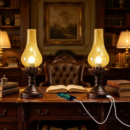 Miniatura 9 de Linternas Marroquíes Vintage Antigua Lámpara de Mesa de Noche, Lámpara de Escritorio Victoriana Retro de Cristal Hurricane Ámbar - Cobre Antiguo