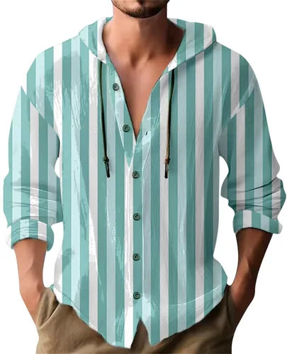 Miniatura 18 de Camisas de manga larga con botones para hombre, camisa con capucha a rayas verticales, casual, para vacaciones, verano, ligera, con cordón Z21