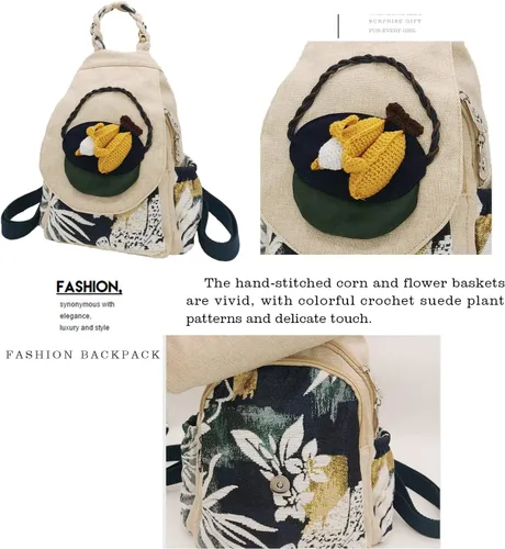 Miniatura 11 de HUANGGUOSHU Mochila de algodón tejida de algodón bohemio con bordado de lona estilo bohemio con múltiples bolsillos retro linda mochila cartera