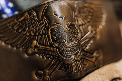 Miniatura 3 de HoJ Co. Skull - Cartera plegable Calavera alada con gráfico de huesos cruzados Cuero de grano completo con acabado pulido a mano Cartera delgada