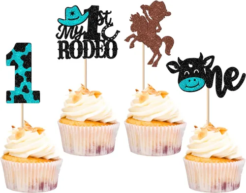 Miniatura 12 de Rsstarxi Paquete de 30 adornos de vaquero para cupcakes con purpurina para zapatos de caballo de vaquero, botas, pistola, temática occidental