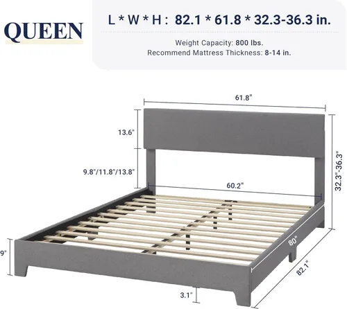 Miniatura 2 de Allewie - Base de cama Queen con cabecero tapizado ajustable, cama plataforma con listones de madera, base de colchón resistente, no necesita Gris