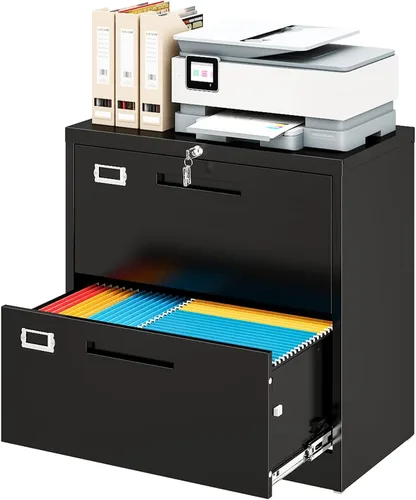 Miniatura 23 de Archivador de metal con 2 cajones con cerradura, gabinete archivador con soporte para impresora móvil y estantes para archivos de tamaño Negro