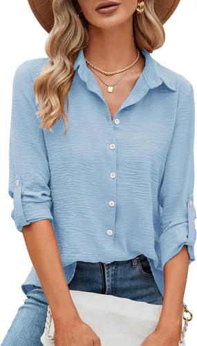 Miniatura 24 de Odosalii - Camisas con botones para mujer, con cuello en V, manga larga, enrolladas, blusas elegantes y formales para negocios y ocasiones casuales