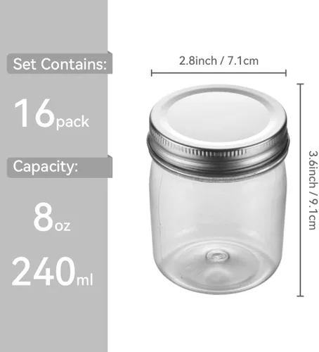 Miniatura 2 de Tarros de plástico reutilizables con tapa hermética plateada, tarros transparentes de 8 onzas para alimentos secos, café, sin BPA