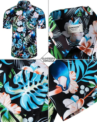 Miniatura 13 de TUNEVUSE Conjunto de camisas y pantalones cortos hawaianos para hombre, 2 piezas, trajes de playa con estampado de flores, traje tropical de verano