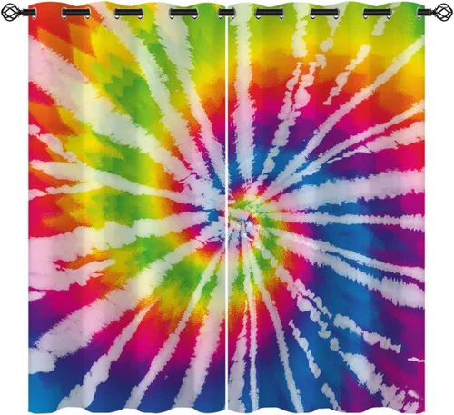 Cortinas opacas coloridas de teñido anudado para niñas y niños, decoración del hogar, espiral, hippie, arco iris, bohemio, psicodélico, con ojales