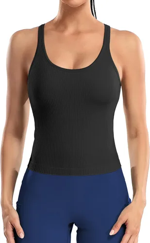 Miniatura 79 de ATTRACO Camiseta corta acanalada de entrenamiento para mujer con brasier integrado para yoga, espalda cruzada, ajuste ajustado