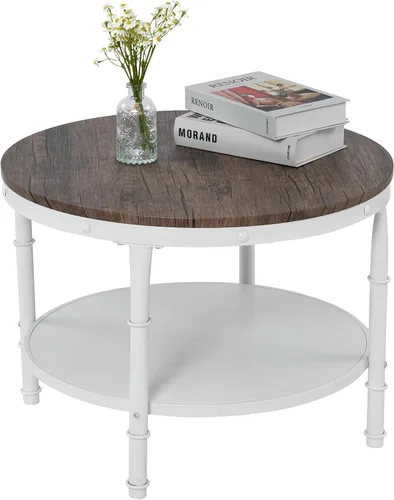 Miniatura 6 de VINGLI - Mesa de café de granja redonda de nogal oscuro y blanco de 25.6", mesa de centro con 2 estantes de almacenamiento para sala de estar